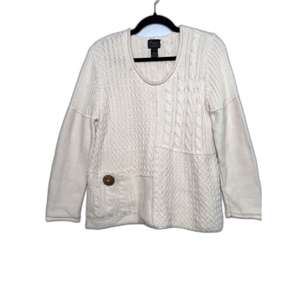 Pure Handknit Cream Cable Knit Sweater Size L XL Patchwork Chunky Boho CottonC